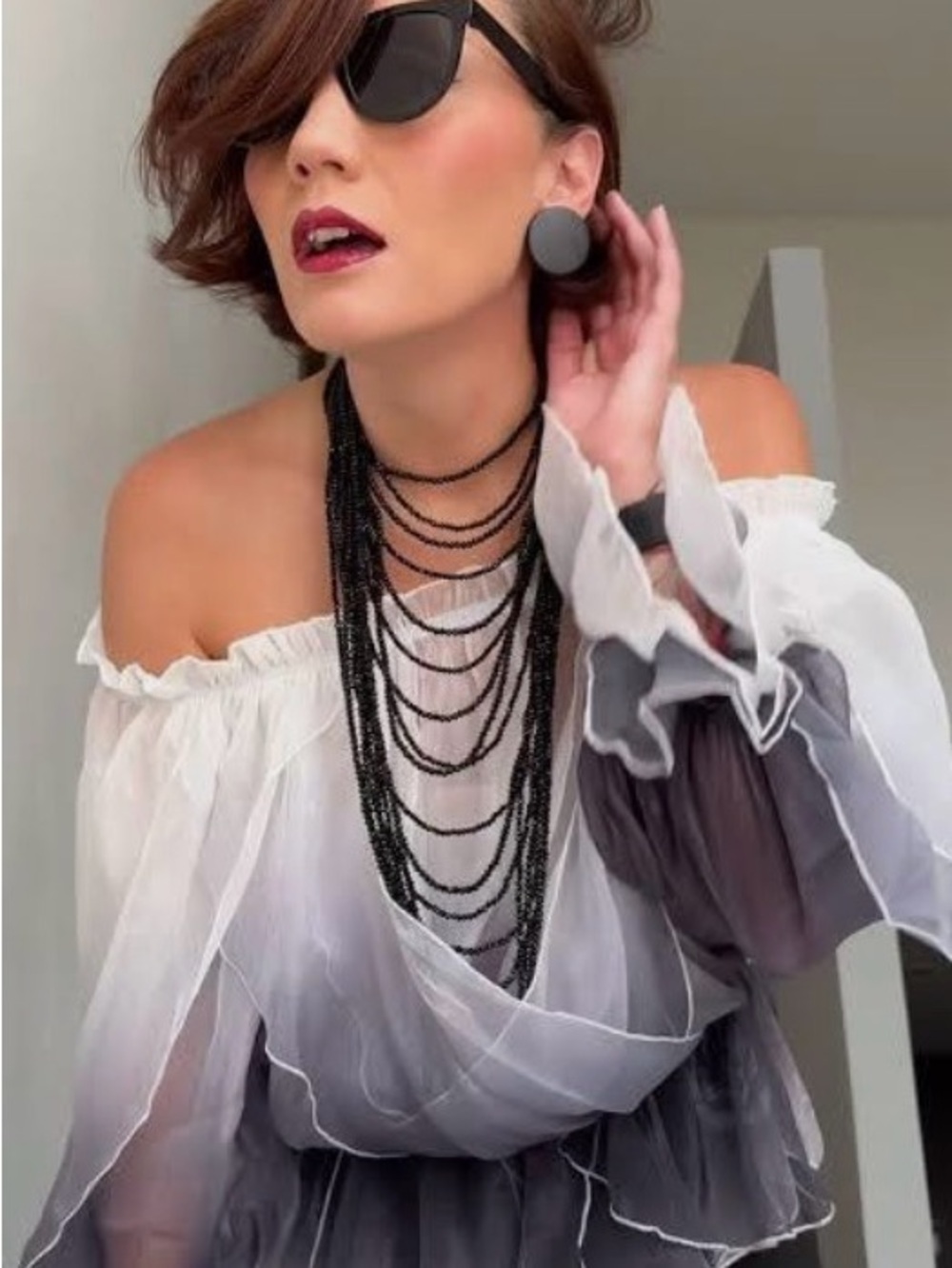 Commense Off-Shoulder Sheer Ombre Blouse in White and Gray